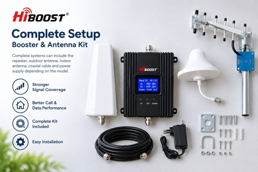 Complete mobile signal booster kit with indoor and outdoor antennas